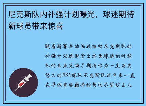 尼克斯队内补强计划曝光，球迷期待新球员带来惊喜